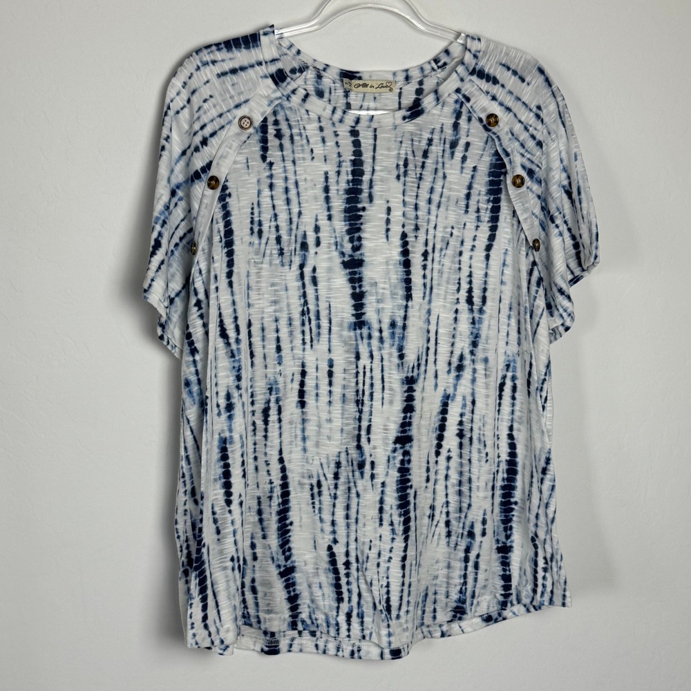 All in Love Womens 2XL Blue White Tie Dye Button Shoulder Slub Knit T-Shirt‎ Top